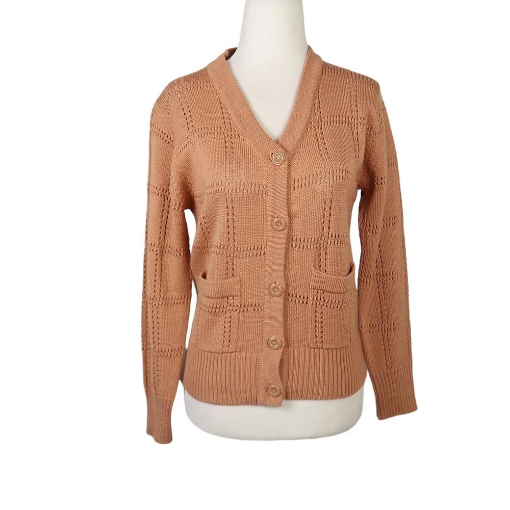 Vintage 70s Loubella Extendables camel tan grid knit cardigan sweater S